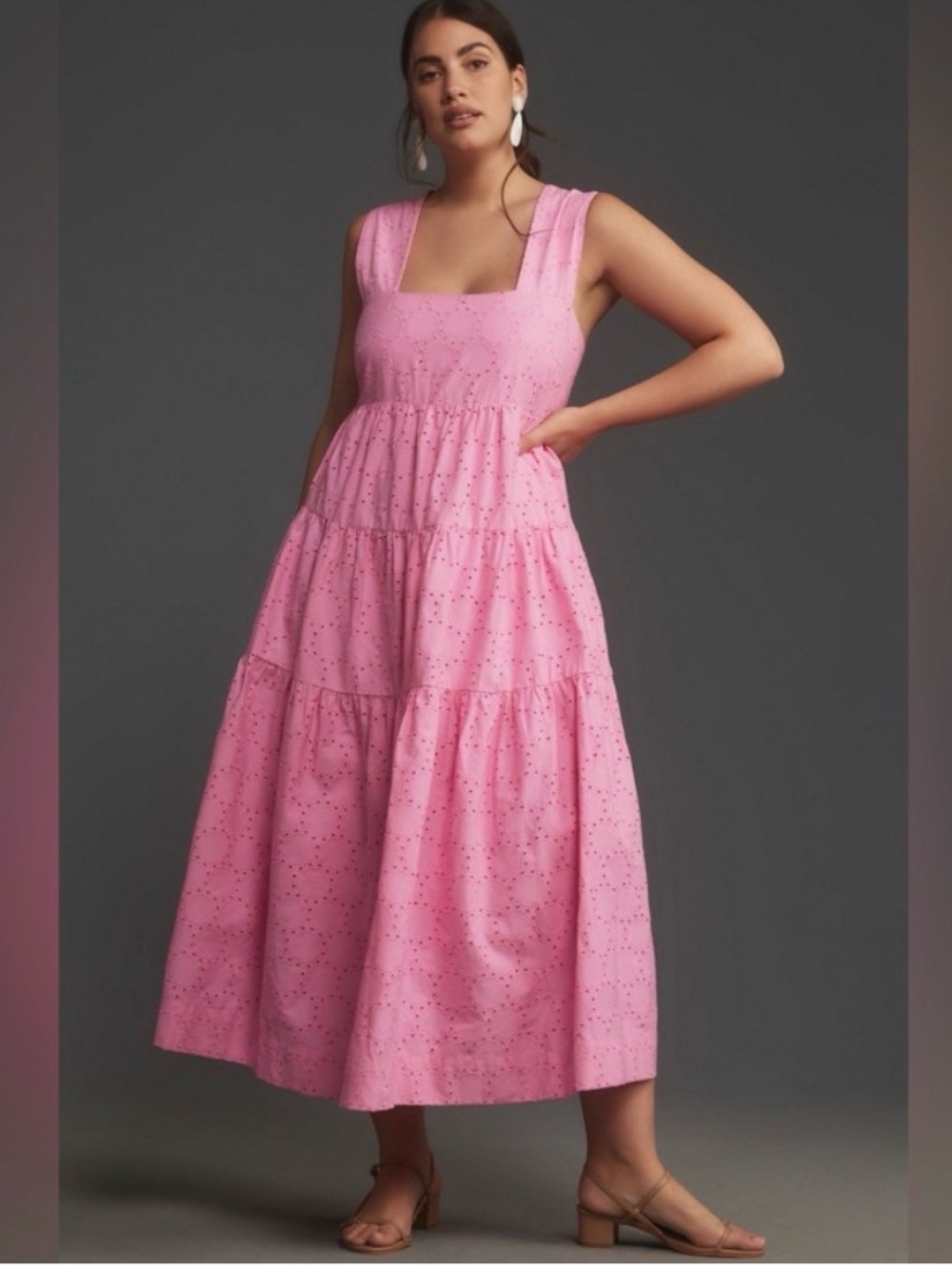 Anthropologie Pink Eyelet Tiered Maxi Dress